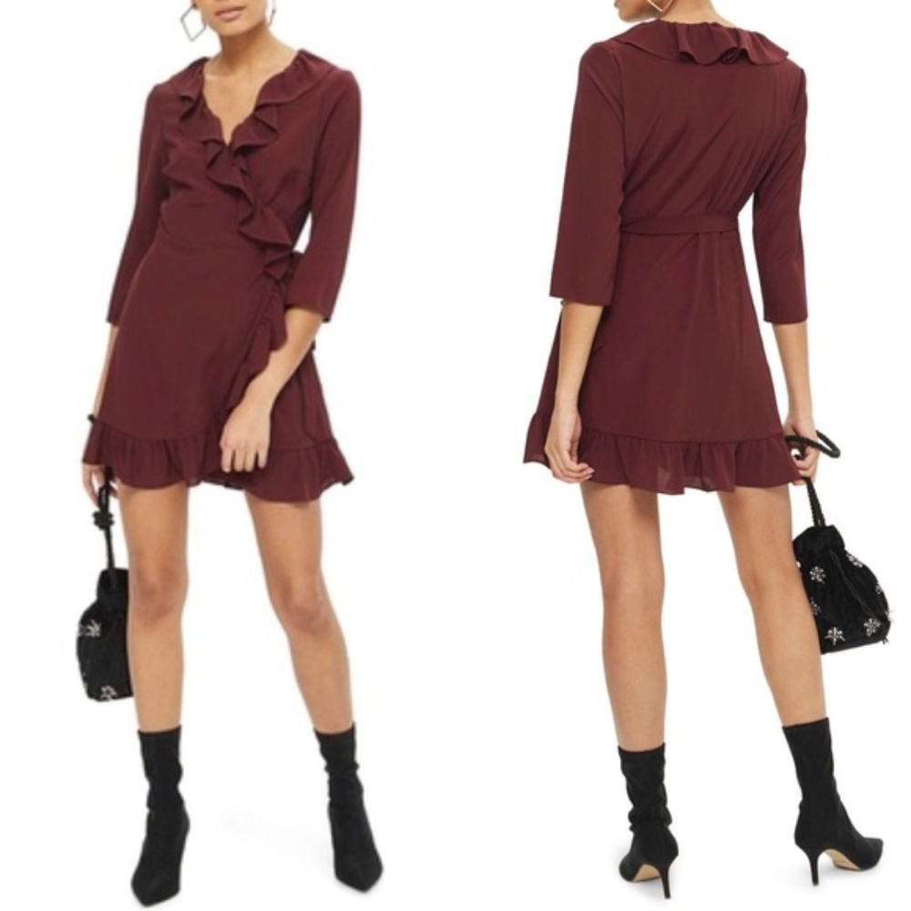 Topshop Burgundy Ruffled Wrap Dress
